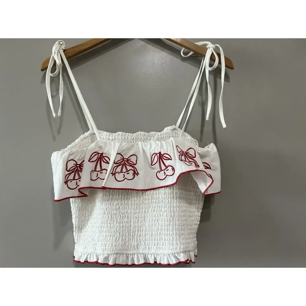 NWT Thirty/Thirty LA White Red Cherry Print Linen Blend 2 Piece skirt Set Size L - Picture 9 of 10